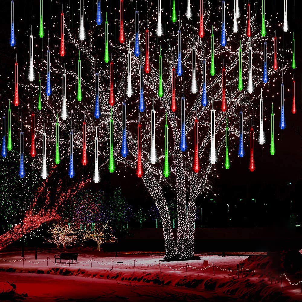 Kwaiffeo Outdoor Christmas Decorations, Waterproof 16-Tube Meteor Shower Lights for Xmas Wedding Party Hanging Decor, Wedding Decorations for Reception, Equivalent to 2 Sets of 8-Tubes, White
